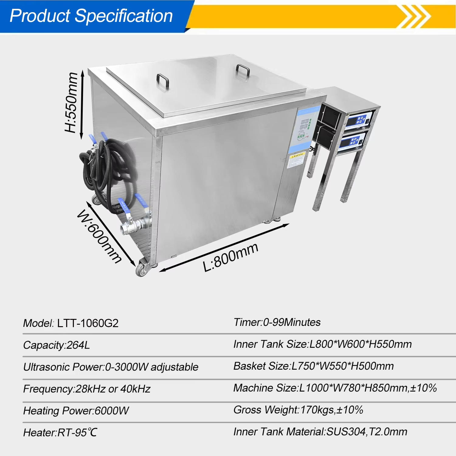Industrial Ultrasonic Cleaning Machine Parts Washer Ultrasound Cleaner 264L - Image 7