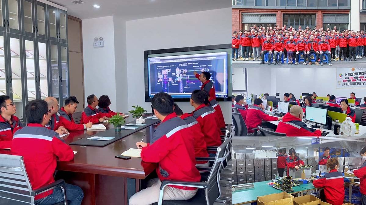 Sales and engineering staff working beside the production workshop